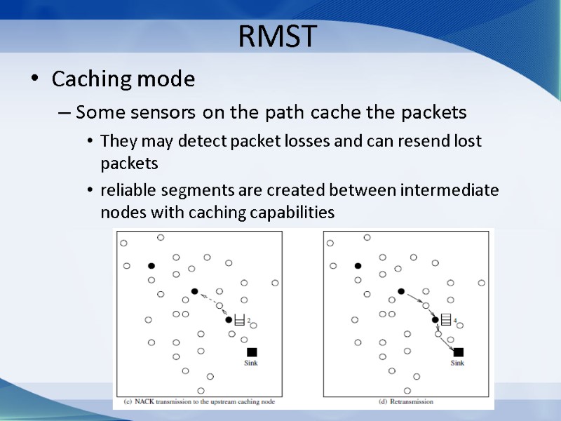 RMST Caching mode Some sensors on the path cache the packets They may detect